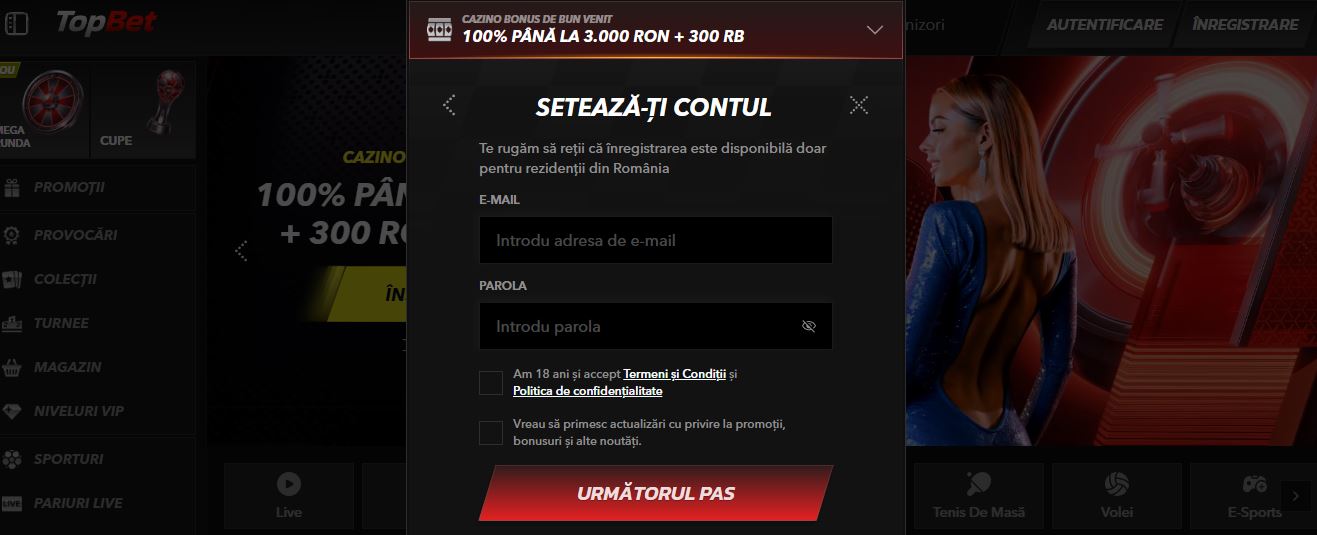 Înregistrează-te la cazino și obține bonusul de bun venit completând formularul cu email și parolă